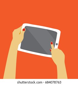 a vector illustration; hands holding a tablet; flat cartoon design style; an infographic element; a device with a blank screen
