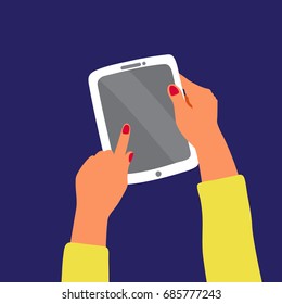 a vector illustration; hands holding a tablet; flat cartoon design style; an infographic element; a device with a blank screen