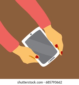 a vector illustration; hands holding a tablet or a mobile phone; flat cartoon design style; an infographic element; a device with a blank screen; isolated