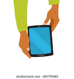 a vector illustration; hands holding a tablet or a mobile phone; flat cartoon design style; an infographic element; a device with a blank screen; isolated