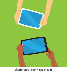 a vector illustration; hands holding tablets or mobile phones; flat cartoon design style; infographic elements; gadgets with a blank blue screen; different color skins and races