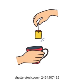 Vector illustration of hands holding a tea cup with tea bag flat color isolated elements.