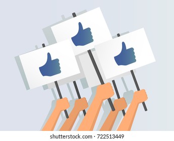 Vector illustration of hands holding thumbs-up banners