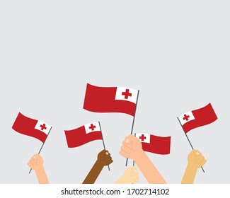 Vector illustration of hands holding Tonga flags isolated on white background