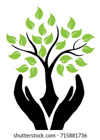 vector illustration of hands holding tree. Growth concept. Save nature concept. 