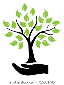 vector illustration of hands holding tree. Growth concept. Save nature concept. 