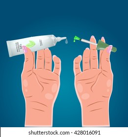 Vector illustration. Hands holding tube and brush. The tube with the contents, use any names and logos for them. Design for beauty salon. All objects and the texts are separated from each other.