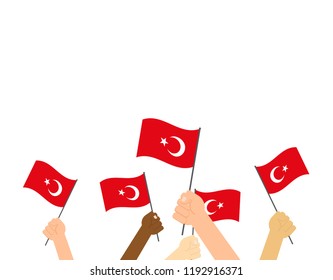 Vector illustration hands holding Turkey flags on white background 