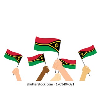 Vector illustration of hands holding Vanuatu flags isolated on white background