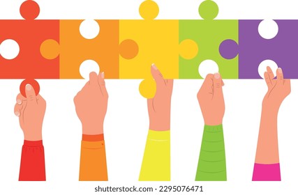 Vector illustration of hands holding various colored puzzles isolated on white background in cartoon style. Friendly team concept. Work in a team.
