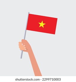 Manos de ilustraciones de vectores con banderas de Vietnam sobre fondo blanco