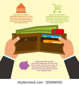 ilustración vectorial de las manos que tienen cartera con dinero y tarjetas. el concepto de "comprar ahora". infografías.