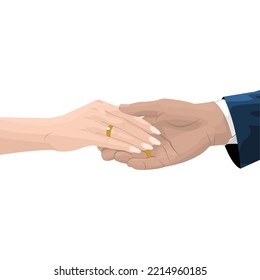 vector illustration of hands holding, wearing engagement rings