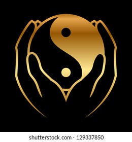 Vector illustration of hands holding yin yang symbol