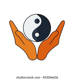 Vector illustration of hands holding yin yang symbol. Religion icon. Silhouette. Flat style.