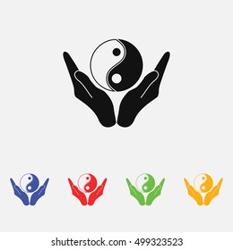 Vector illustration of hands holding yin yang symbol. Religion icon. Silhouette. Flat style.