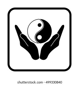 Vector illustration of hands holding yin yang symbol. Religion icon. Silhouette. Flat style.