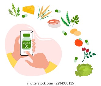 Ilustración vectorial Manos guarda el teléfono celular con píldoras suplementarias vitamina B2 Beneficios de vitaminas y minerales esenciales para la salud humana Nutrición natural adecuada Productos orgánicos dietéticos Alimentos saludables