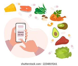 Ilustración vectorial Manos guarda el teléfono celular con píldoras suplementarias vitamina D3 Beneficios de vitaminas y minerales esenciales para la salud humana Nutrición natural adecuada Productos orgánicos dietéticos Alimentos saludables