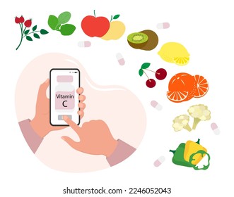 Vector illustration Hands holds cell phone with supplement pills vitamin C Benefits of essential vitamins and minerals for human health Proper natural nutrition Dietetic organic products Healthy food
