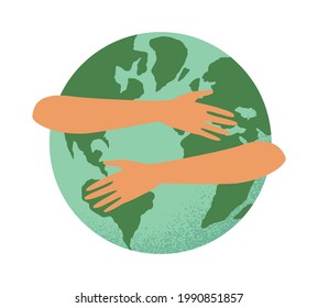 Vector illustration of hands hug planet Earth.  Concept of World Environment Day, Save the Earth, 22 April. Sign, icon and symbol