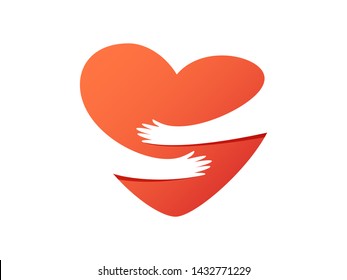 Vector illustration of hands hugging heart. Love yourself and Heart Care concept