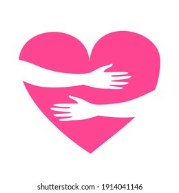 Vector illustration of hands hugging heart isolated on a white background.  Symbol or concept of love, charity, love yourself, Valentine's day, volunteer, donation, family, support. Flat style