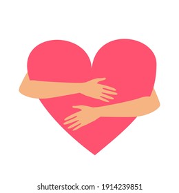 Vector illustration of hands hugging heart isolated on a white background.  Symbol or concept of love, charity, love yourself, Valentine's day, volunteer, donation, family, support. Flat style