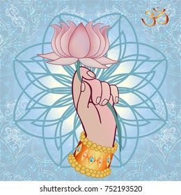 Vector illustration. The hands of the Indian Deity are Lakshmi with the lotus, symbol of prosperity.