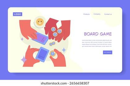 Vector illustration of hands interacting in a board game scene, exchanging cards and tokens. The image highlights teamwork and strategy, perfect for gaming and teamwork themes.