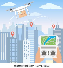 Vector illustration of hands launching delivery drone with package by smartphone in front of the skyline of a big modern city with skyscrapers in flat cartoon style.