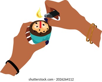 Vector illustration of hands with a lighter light a candle on a cupcake.