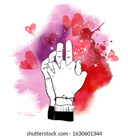 Vector illustration of hands of lovers on galaxy watercolor background. 