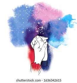 Vector illustration of hands of lovers on galaxy watercolor background. 