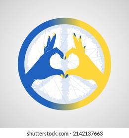 Las manos de la ilustración del vector hacen la señal del corazón. Icono al estilo de la bandera nacional de Ucrania. Rezamos por Ucrania. EPS10