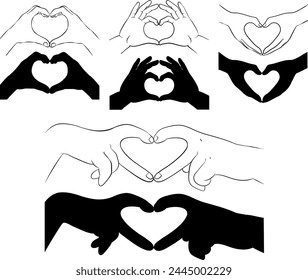 Vektorillustration von Händen, die Herzen in verschiedenen Formen in Line Art und Silhouettenmodus machen