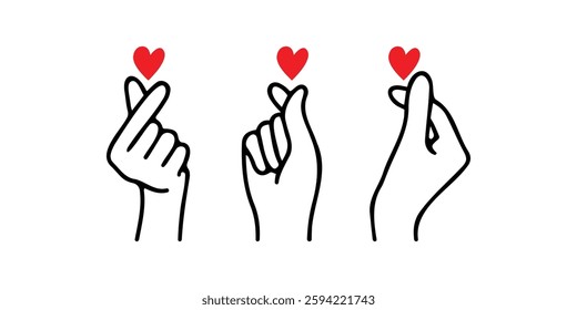 Vector illustration of hands making a Korean heart gesture with a small red heart, symbolizing love, happiness, and affection. Perfect for Valentine’s Day, greeting cards, banners, posters.