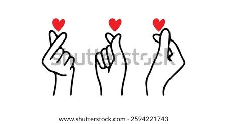 Vector illustration of hands making a Korean heart gesture with a small red heart, symbolizing love, happiness, and affection. Perfect for Valentine’s Day, greeting cards, banners, posters.