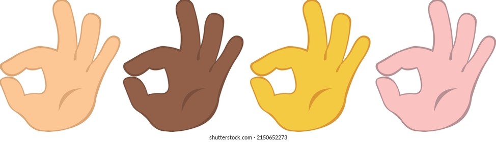Ilustración vectorial de las manos haciendo un gesto bueno o perfecto, en diferentes colores