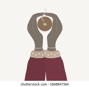 Vector illustration of hands in mittens holding a Cup of coffee. Two hands hold a Cup of hot drink. Winter cozy illustration. Winter gloves on a light blue background. 