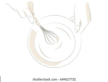 Vector illustration of hands mixing dough in a bowl
