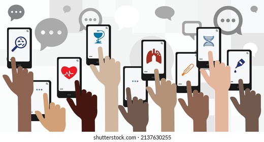 vector illustration of hands and mobile application for medical services and telemedicine