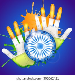 Vector illustration of a hands for National Flag Colors on blue background for 15th of August Indian Independence Day.