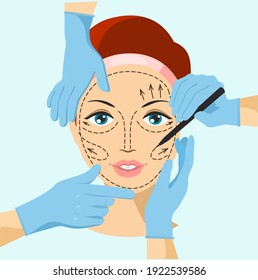 Vector illustration of hands near woman face, symbol of plastic surgery. Skin anti aging, beauty treatment. Face lifting, rhytidectomy procedure, facelift surgery concept.