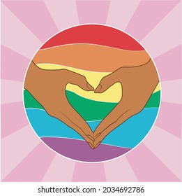 Vector illustration of hands on a background with an LGBTQ+ rainbow heart. The concept of pride, freedom, equality, rights, lesbian, gay, bisexual, transgender love and homosexuality. Print, logo or l