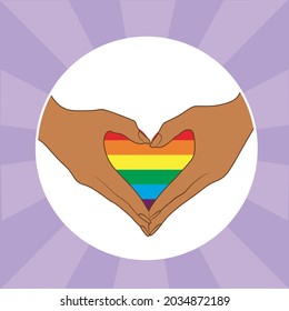Vector illustration of hands on a background with an LGBTQ+ rainbow heart. The concept of pride, freedom, equality, rights, lesbian, gay, bisexual, transgender love and homosexuality. Print, logo.