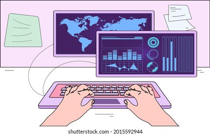 Vector illustration of hands on a computer keyboard and two floating holographic screens with futuristic cyberpunk HUD interface elements. Hacker, programmer concept