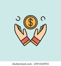 Vector illustration of hands open around a floating dollar coin, representing financial security, savings, investment protection, and money management.
