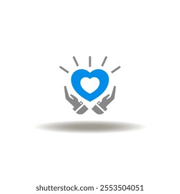 Vector illustration of hands palm care and heart. Icon of healthcare. Symbol of value.