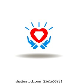 Vector illustration of hands palm care and heart with diamond. Symbol of core value. Icon of HR and telents.